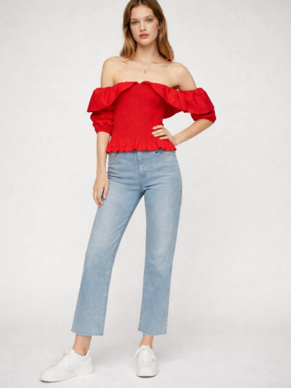 $305 Maje E19 Lenda Smocked Off Shoulder Ruffle Red Top NWT Size 2